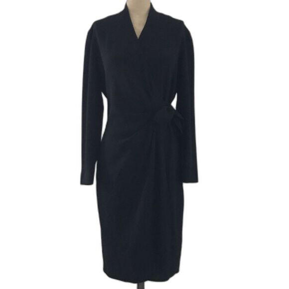 Vintage 90s Liz Claiborne Black Minimalist Chic Wrap Long Sleeve V Neck Dress 6P - Picture 2 of 8